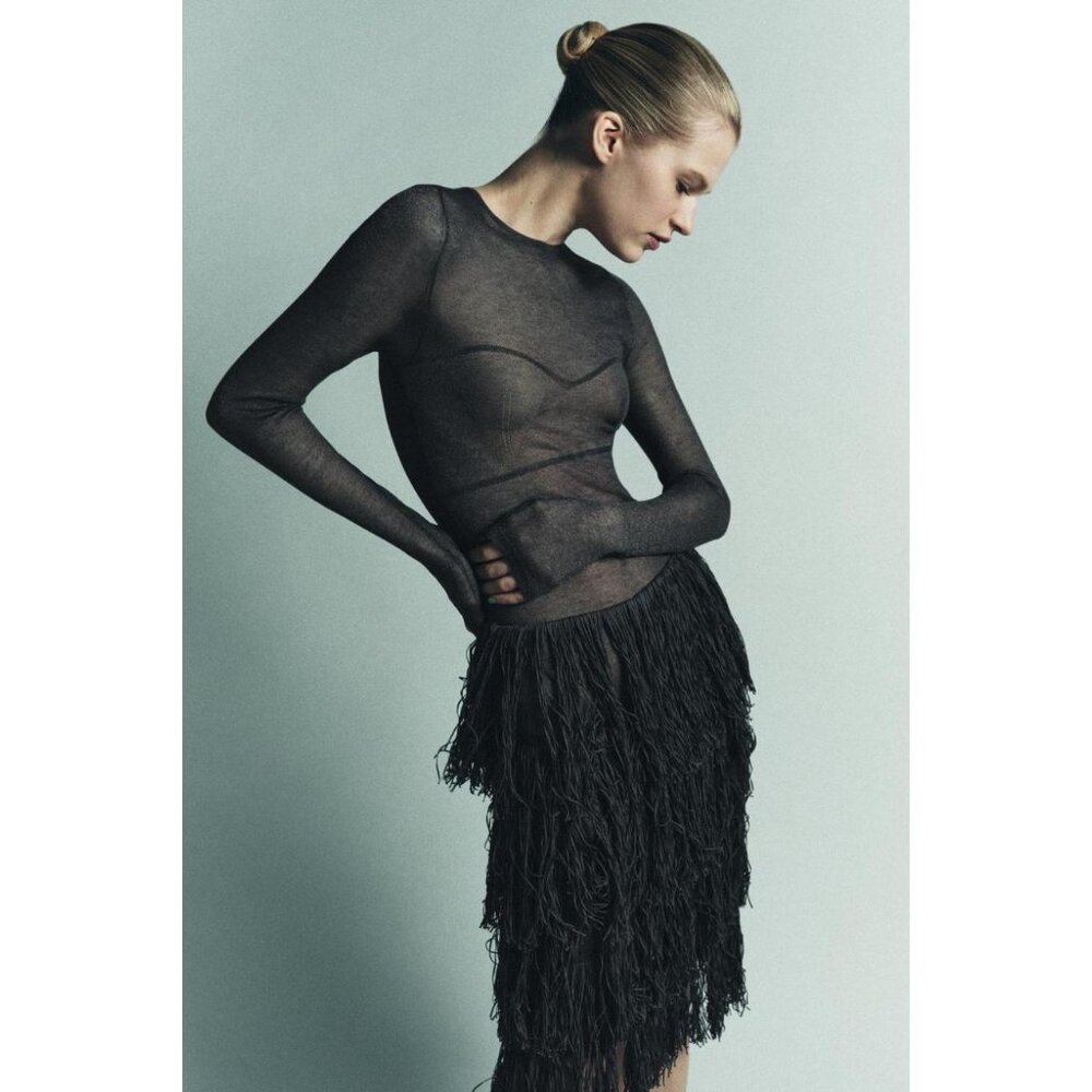 ZARA METALLIC THREAD KNIT DRESS WITH FRINGING